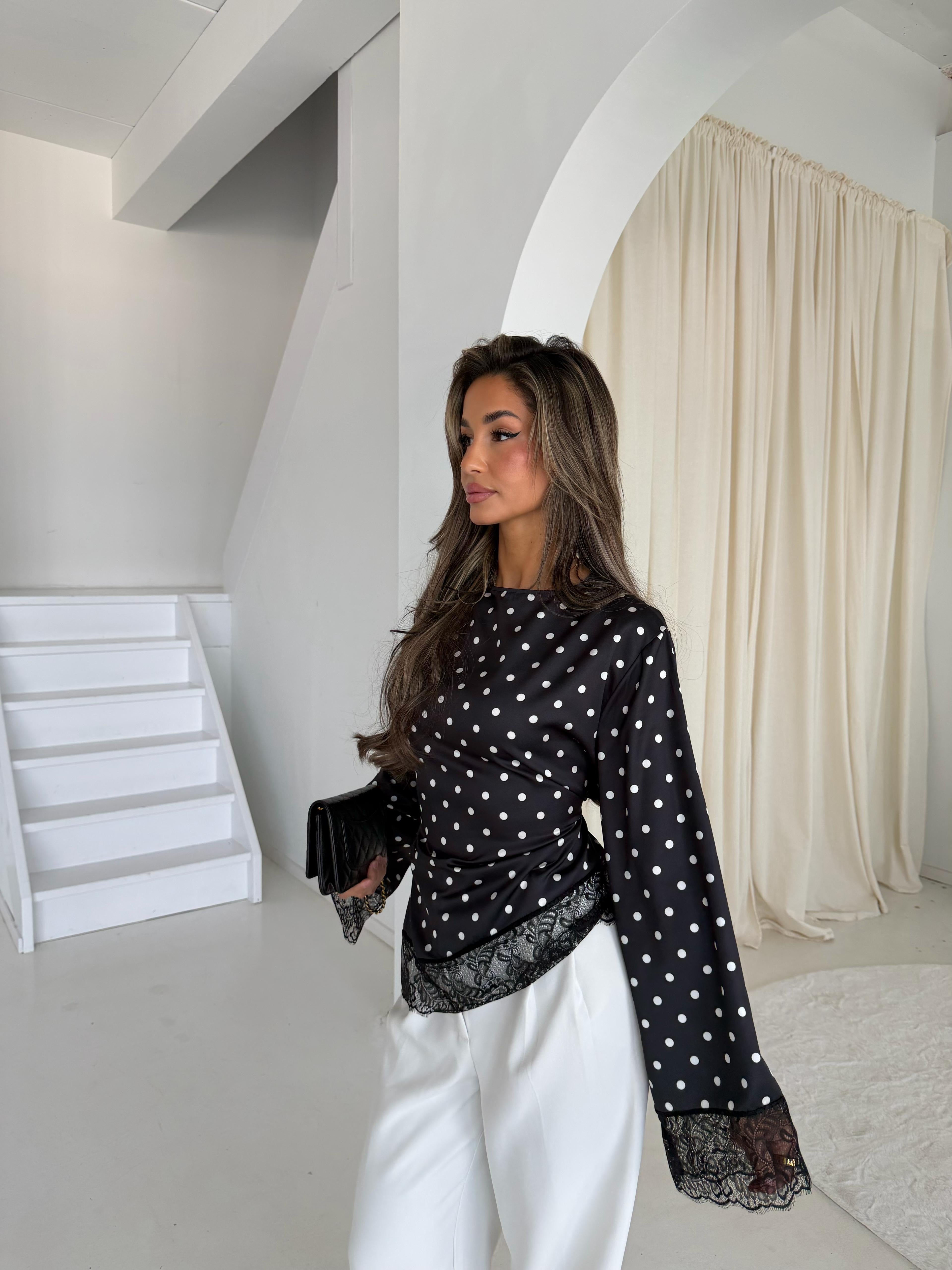 Lace polka satin top black