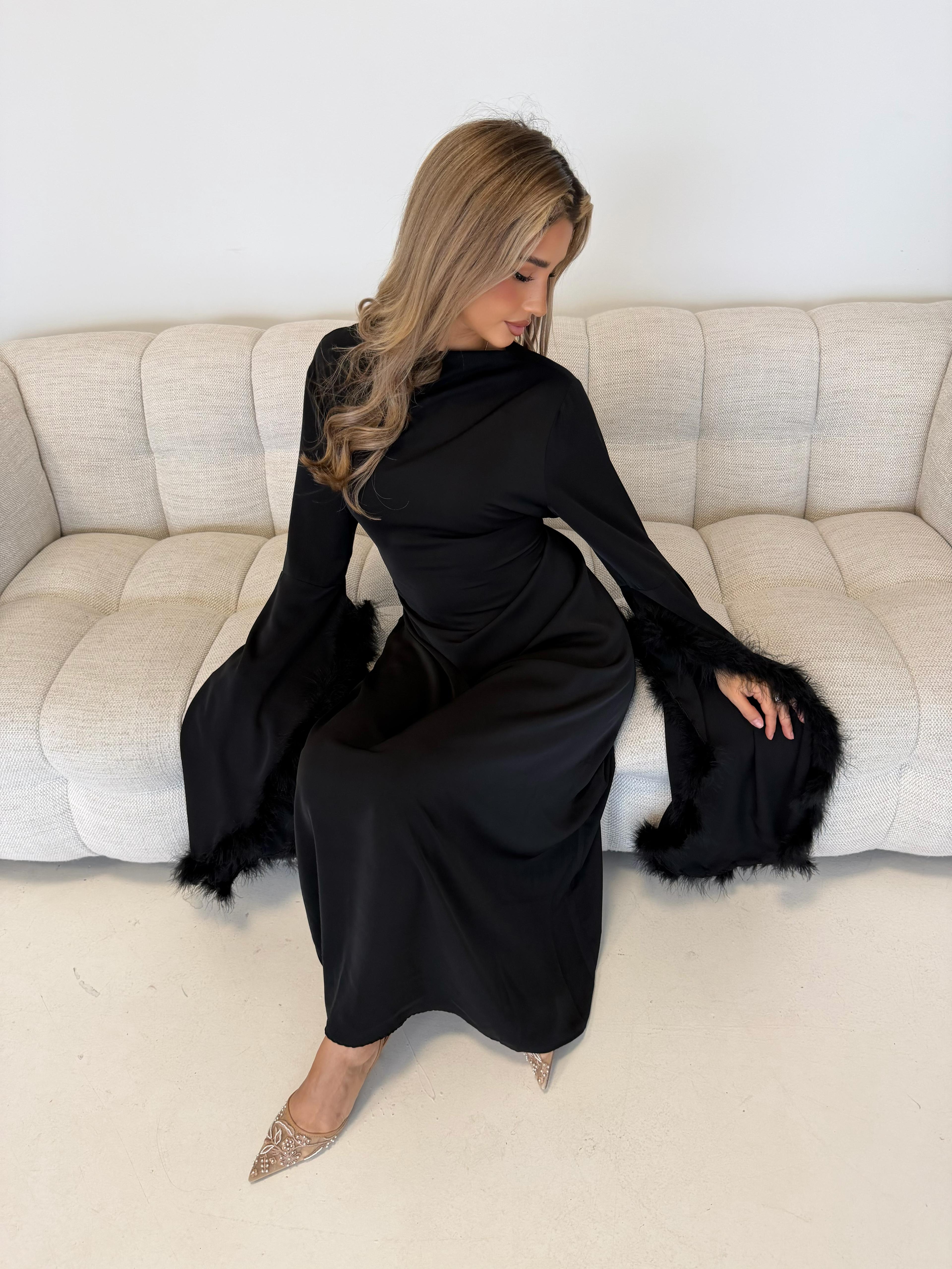 Jurk met veren | Zwart