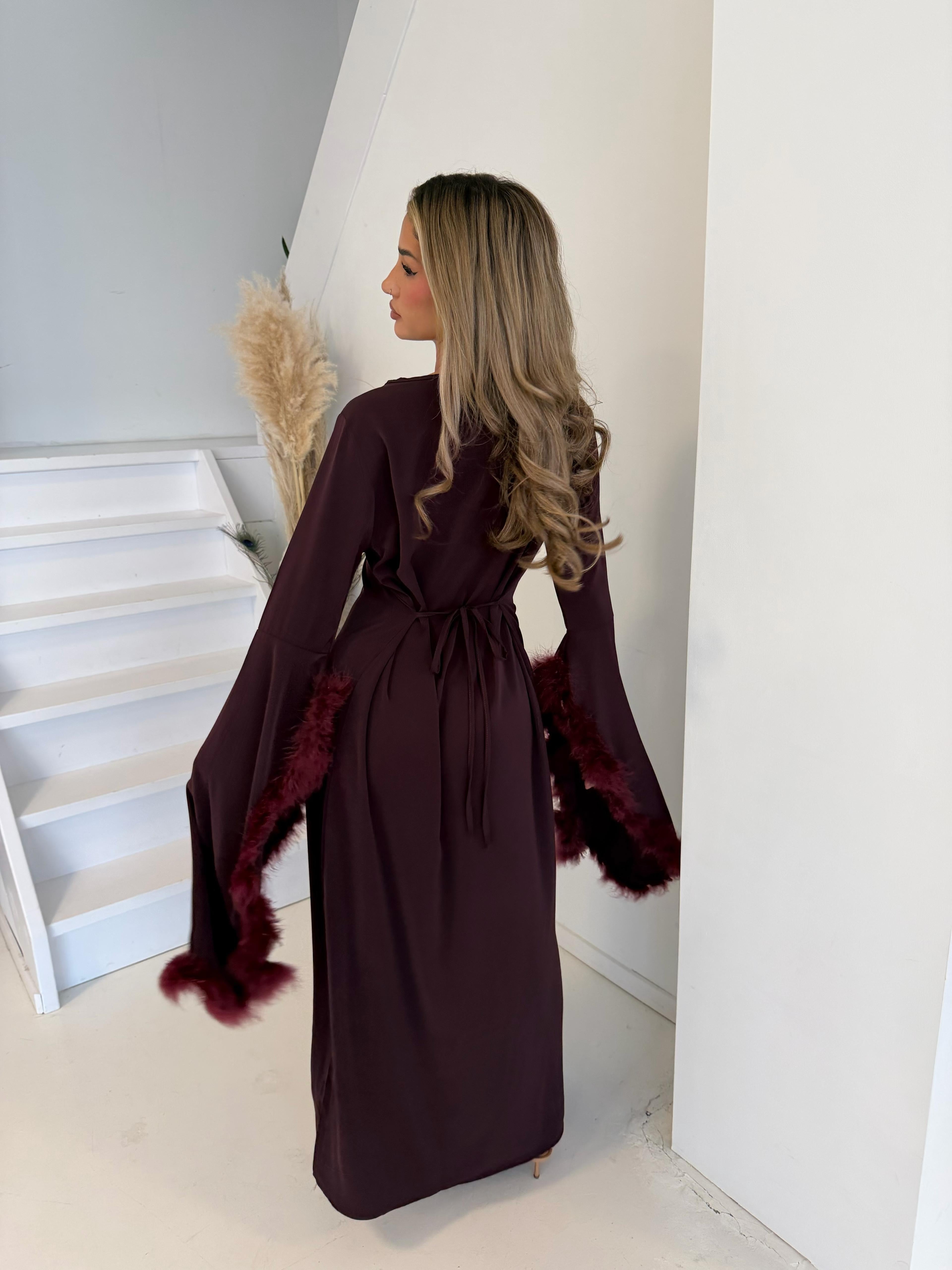 Jurk met veren | Bordeaux