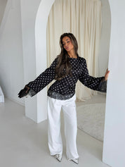 Lace polka satin top black
