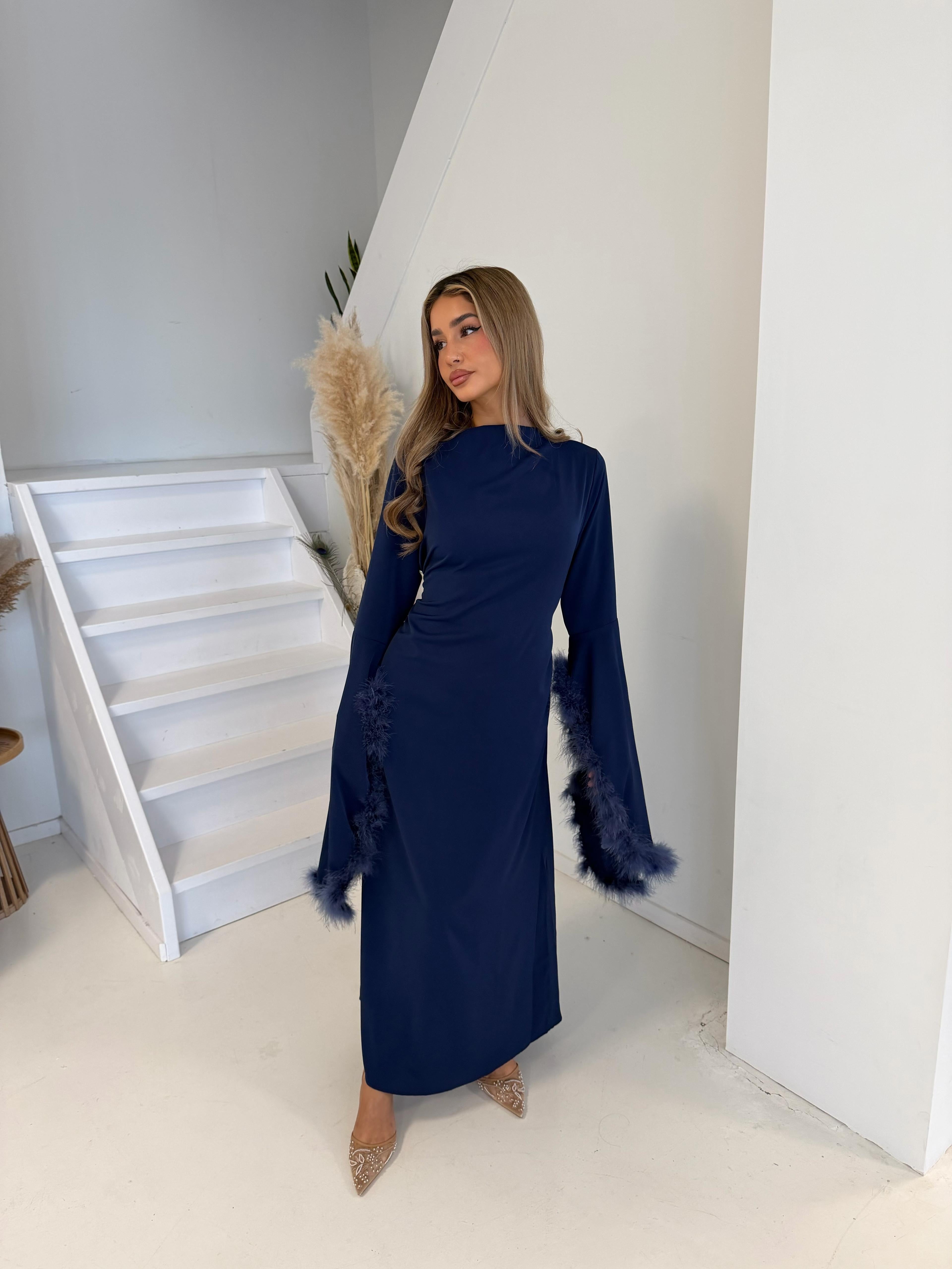 Jurk met veren | Blauw