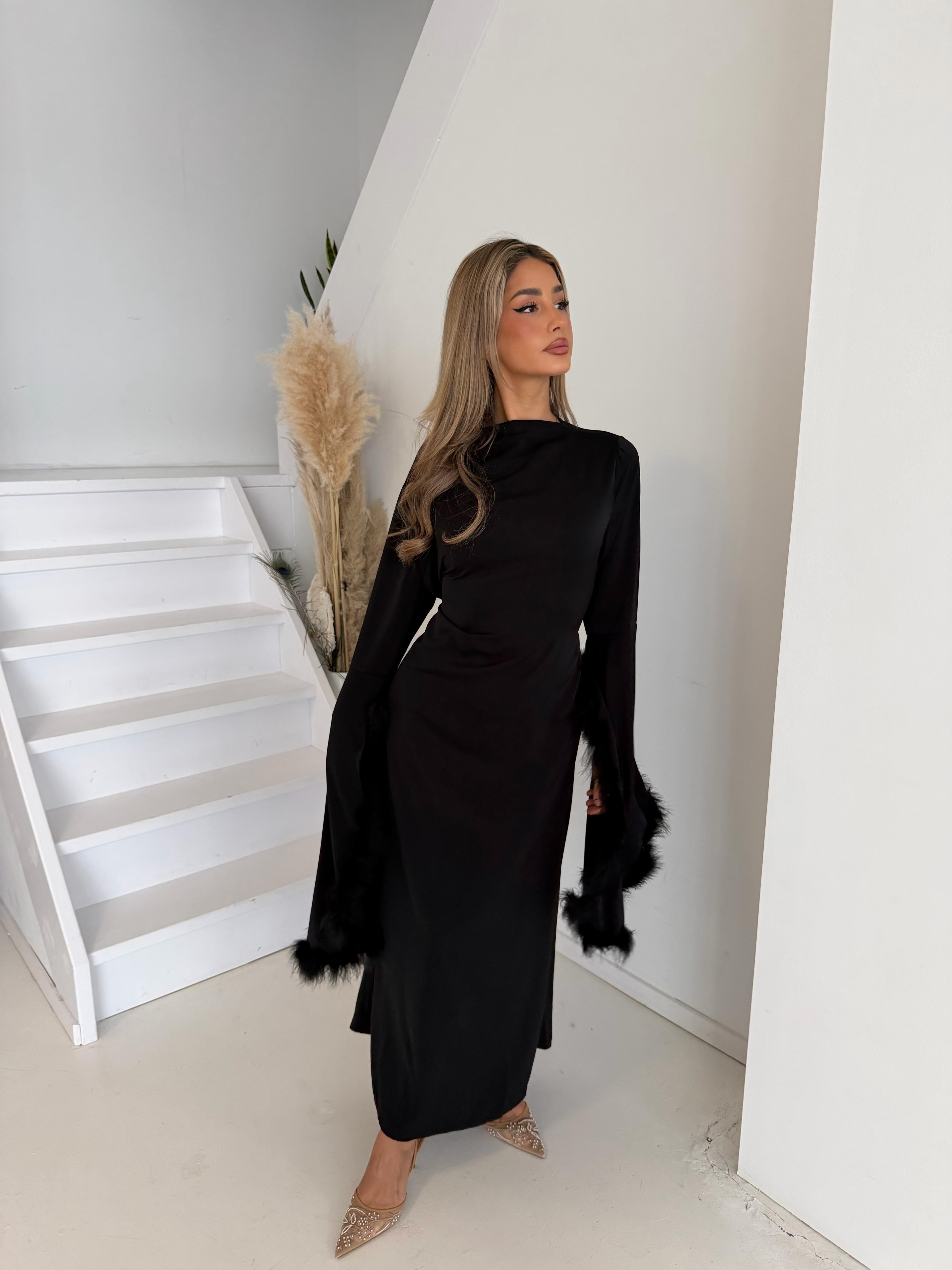 Jurk met veren | Zwart