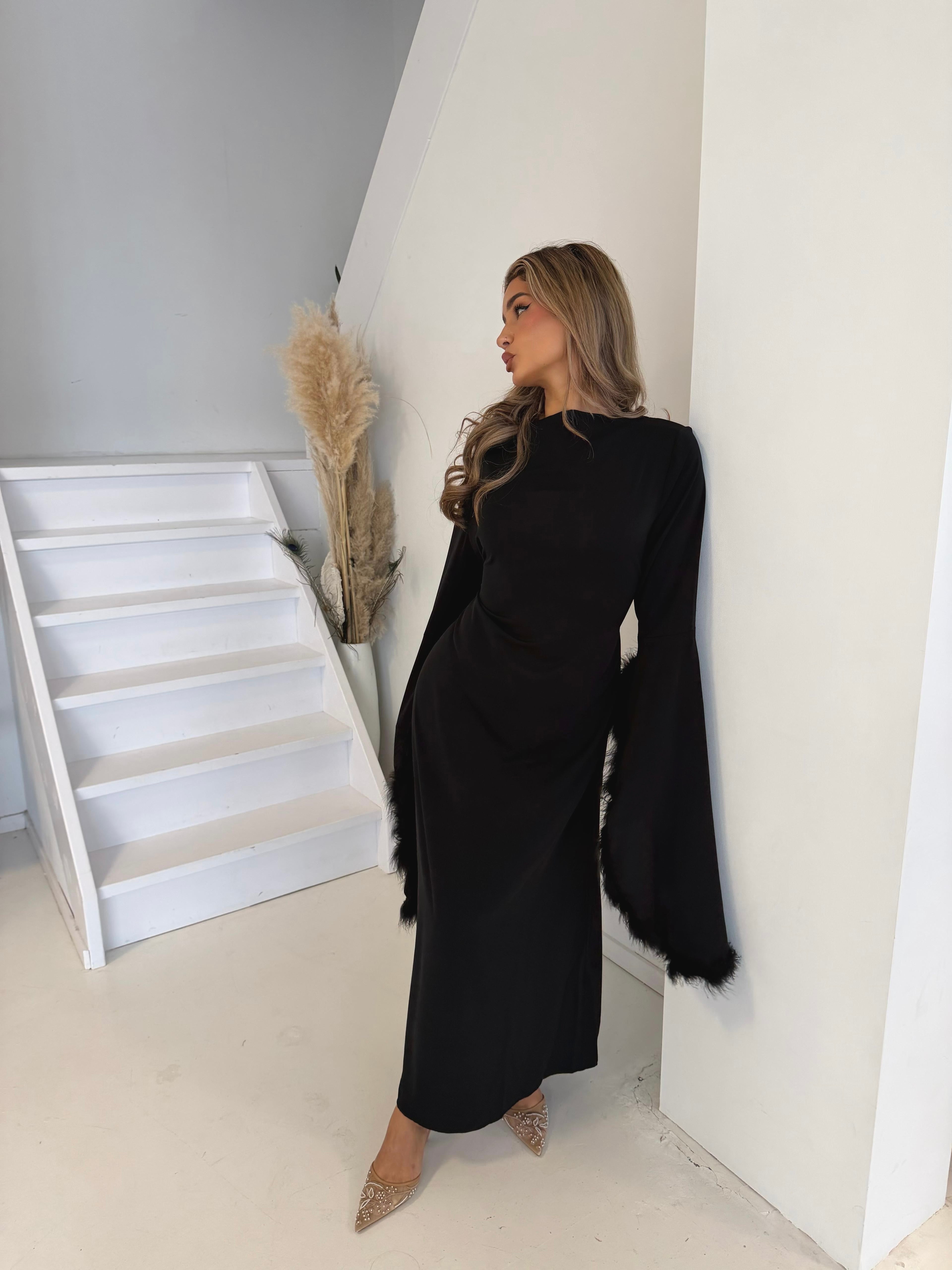 Jurk met veren | Zwart