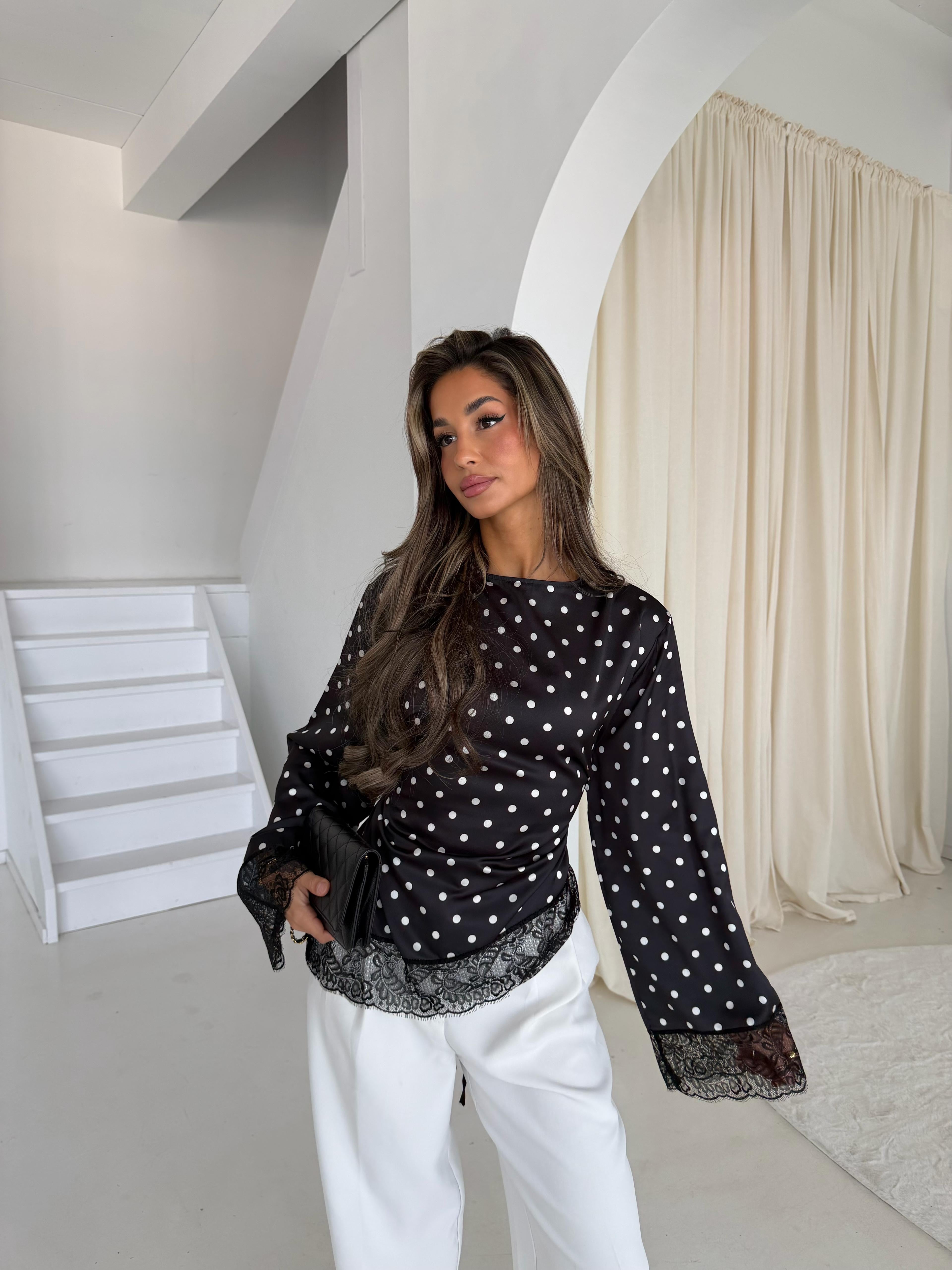 Lace polka satin top black