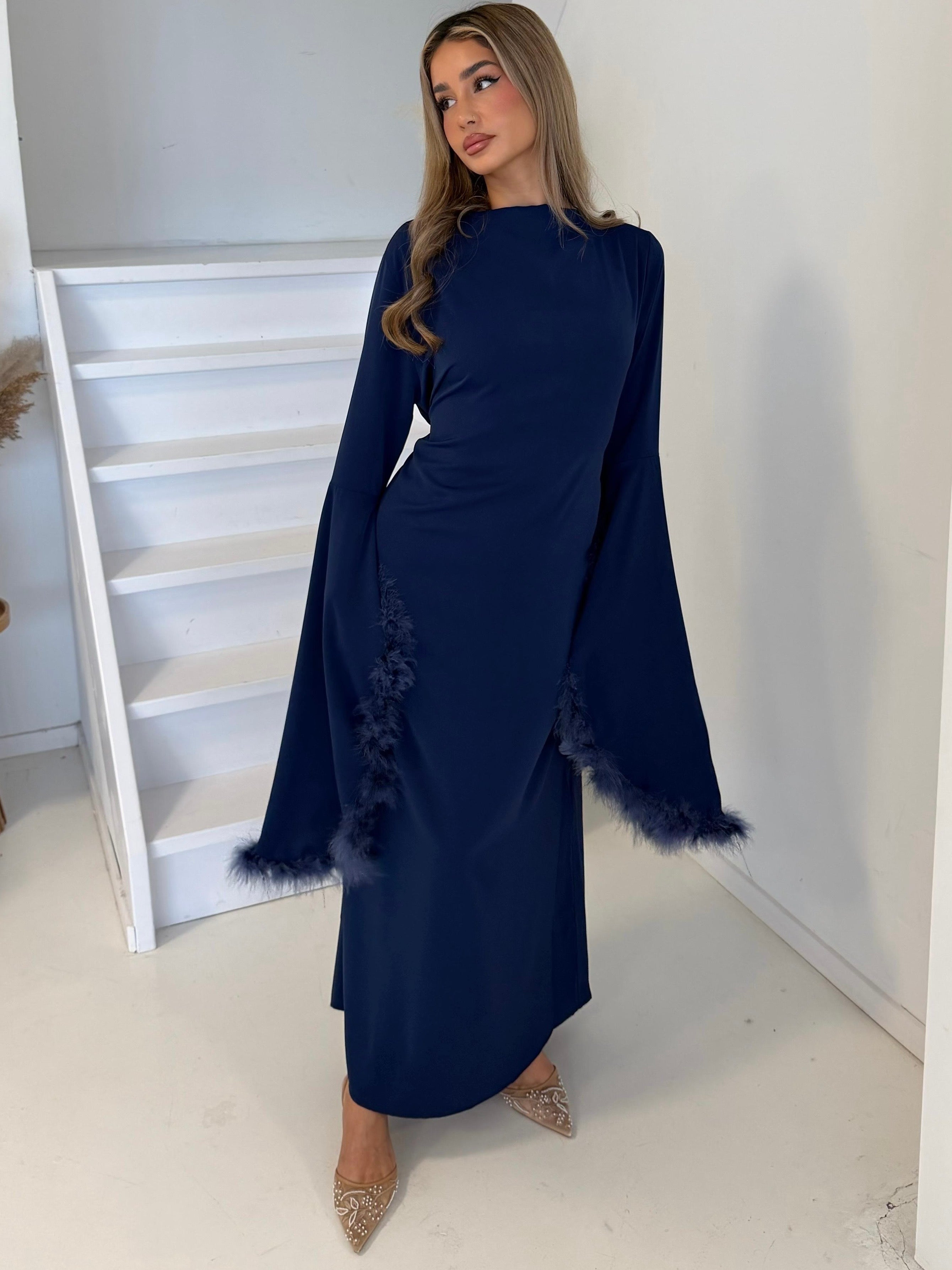 Jurk met veren | Blauw