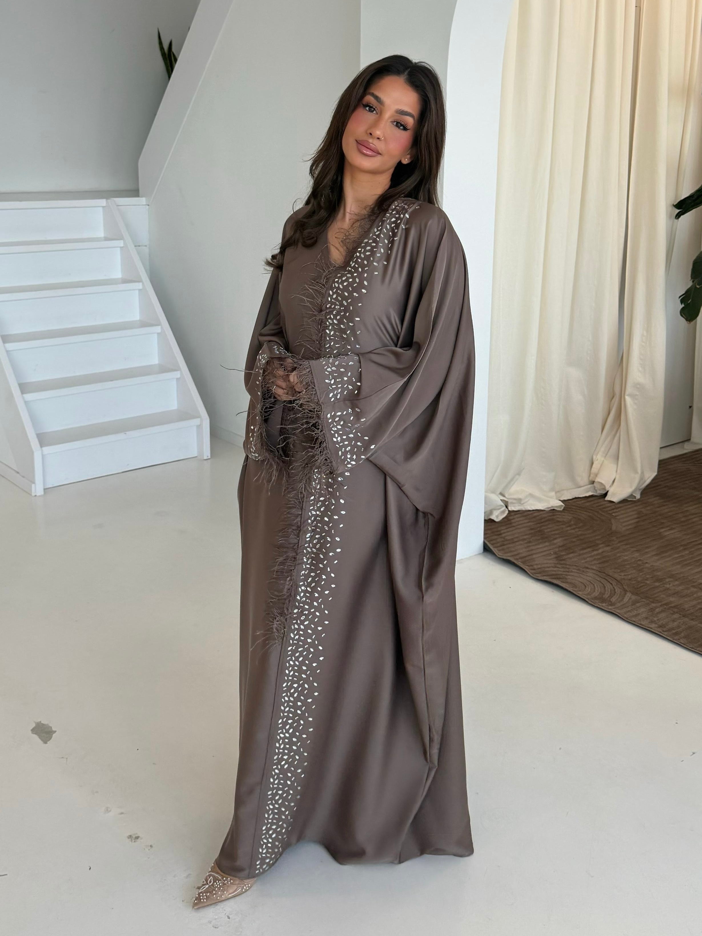 Feather Diamond Abaya | Taupe