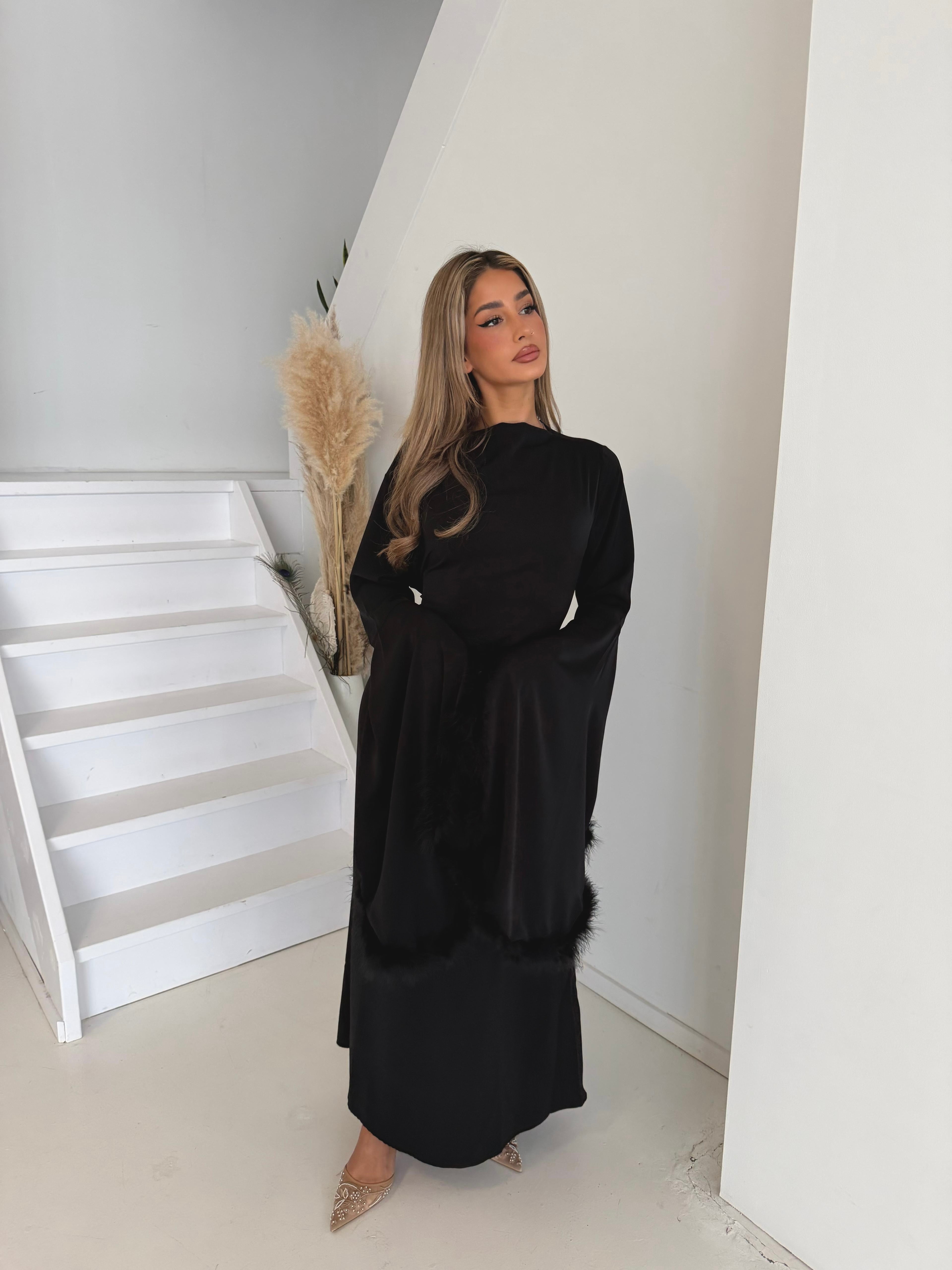 Jurk met veren | Zwart