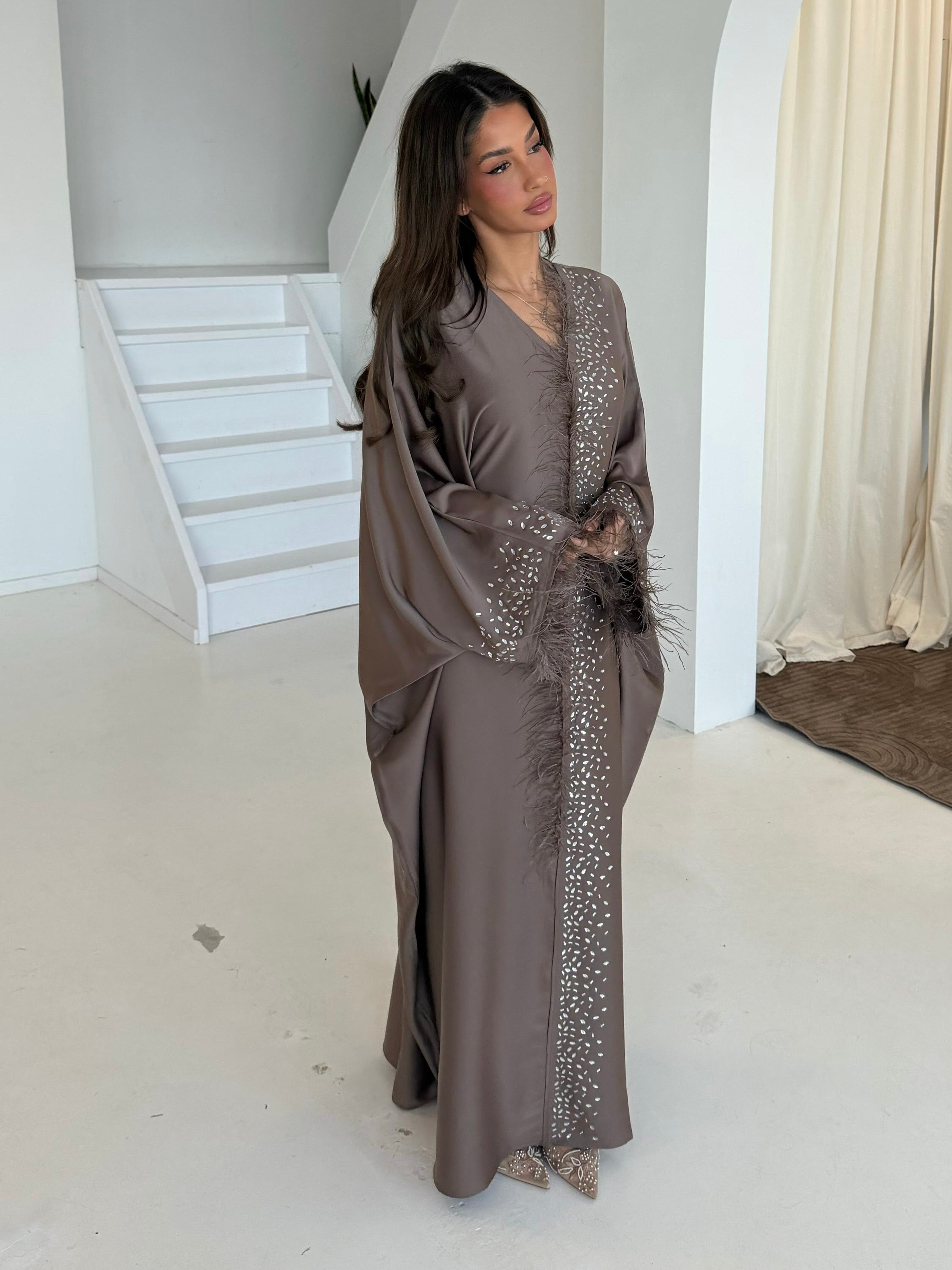 Feather Diamond Abaya | Taupe