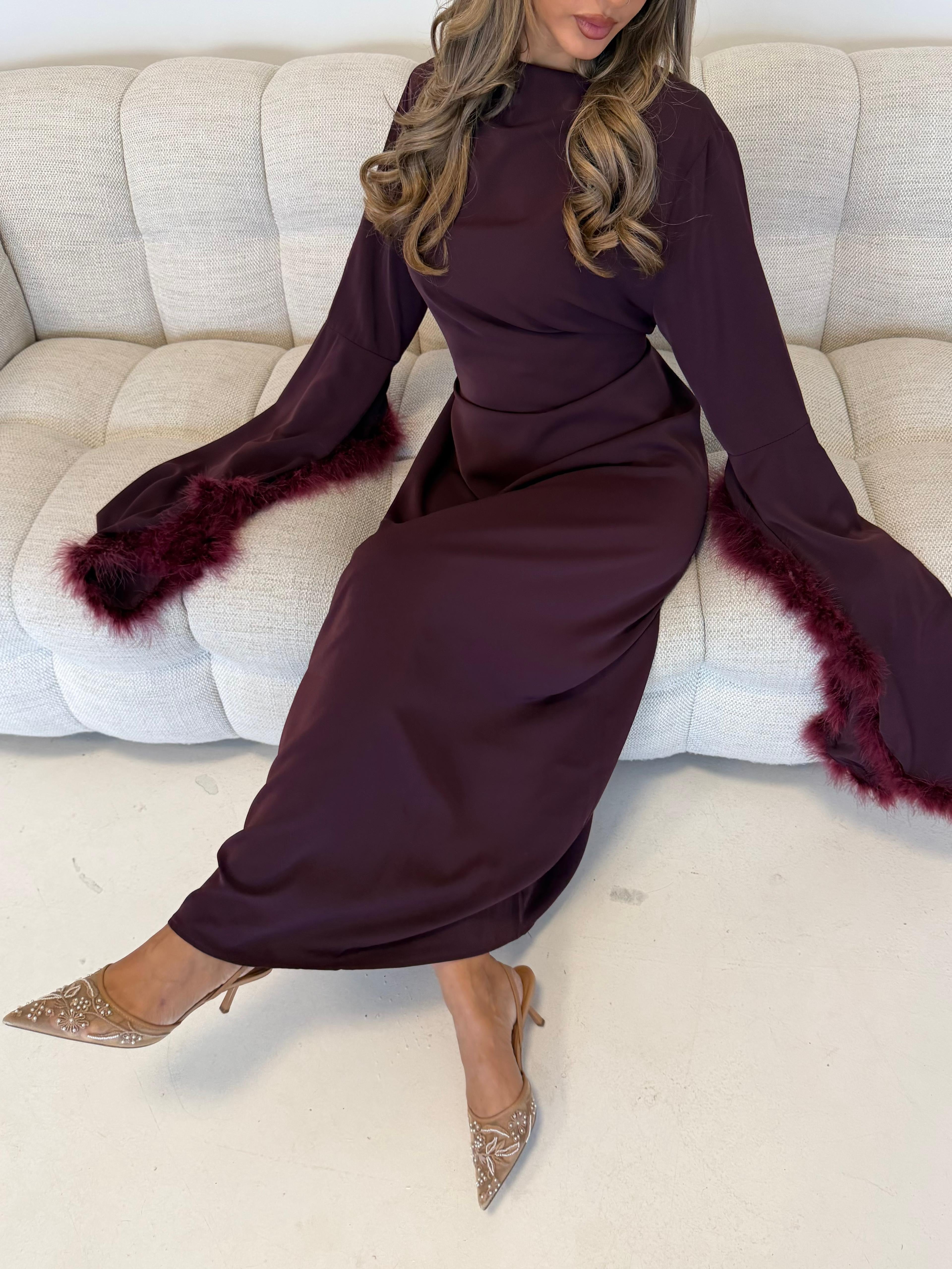 Jurk met veren | Bordeaux