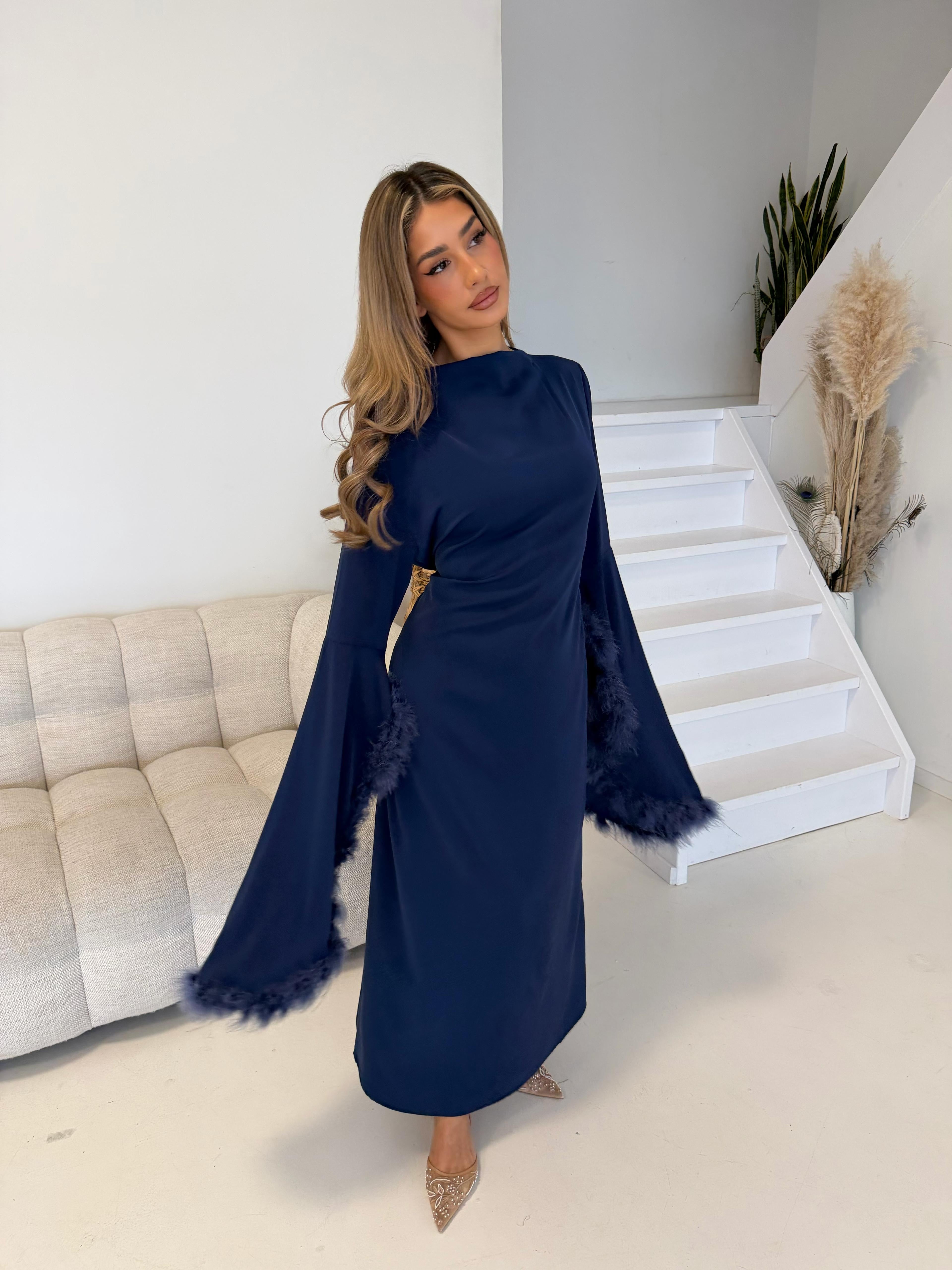 Jurk met veren | Blauw