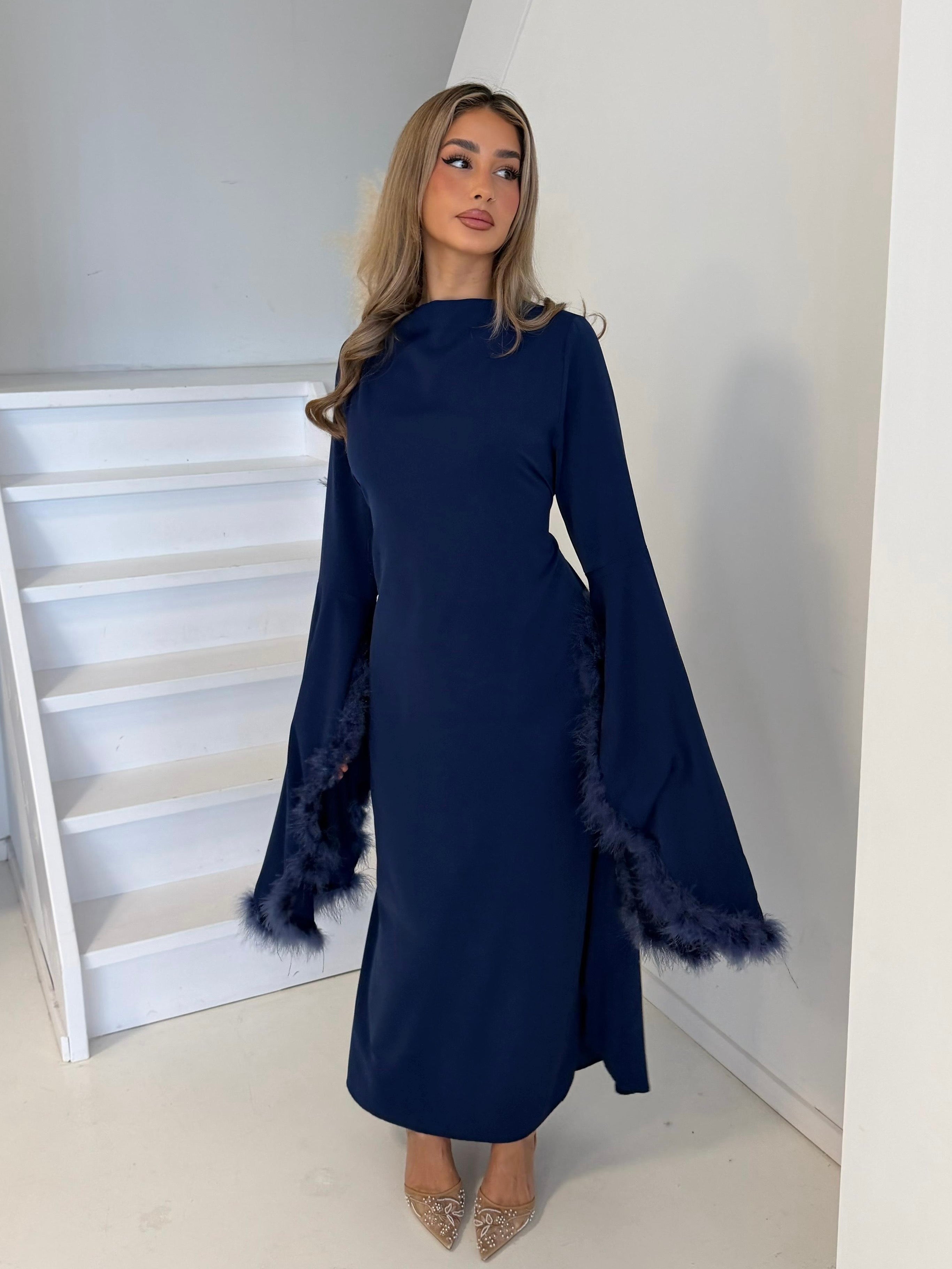 Jurk met veren | Blauw