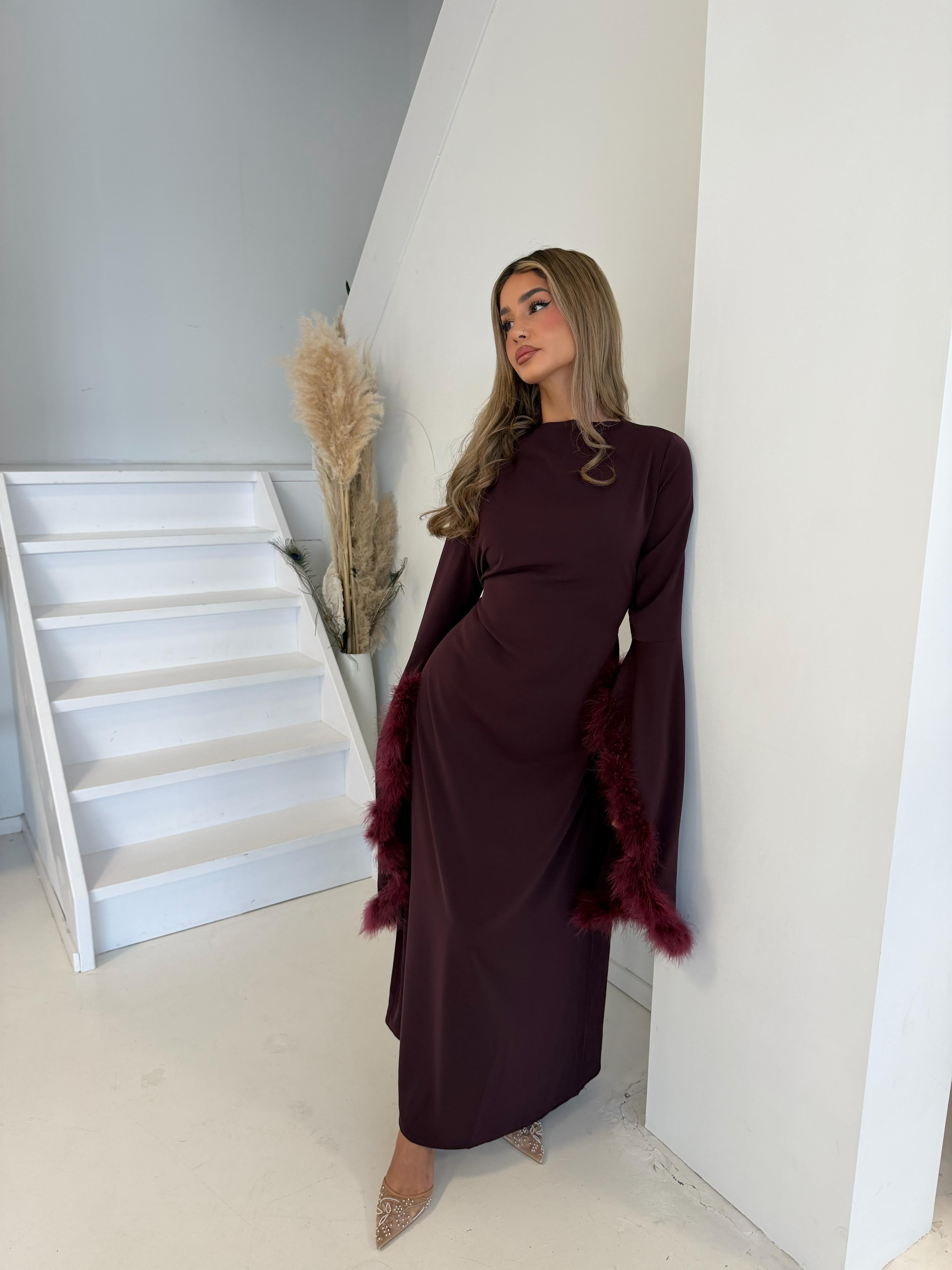 Jurk met veren | Bordeaux