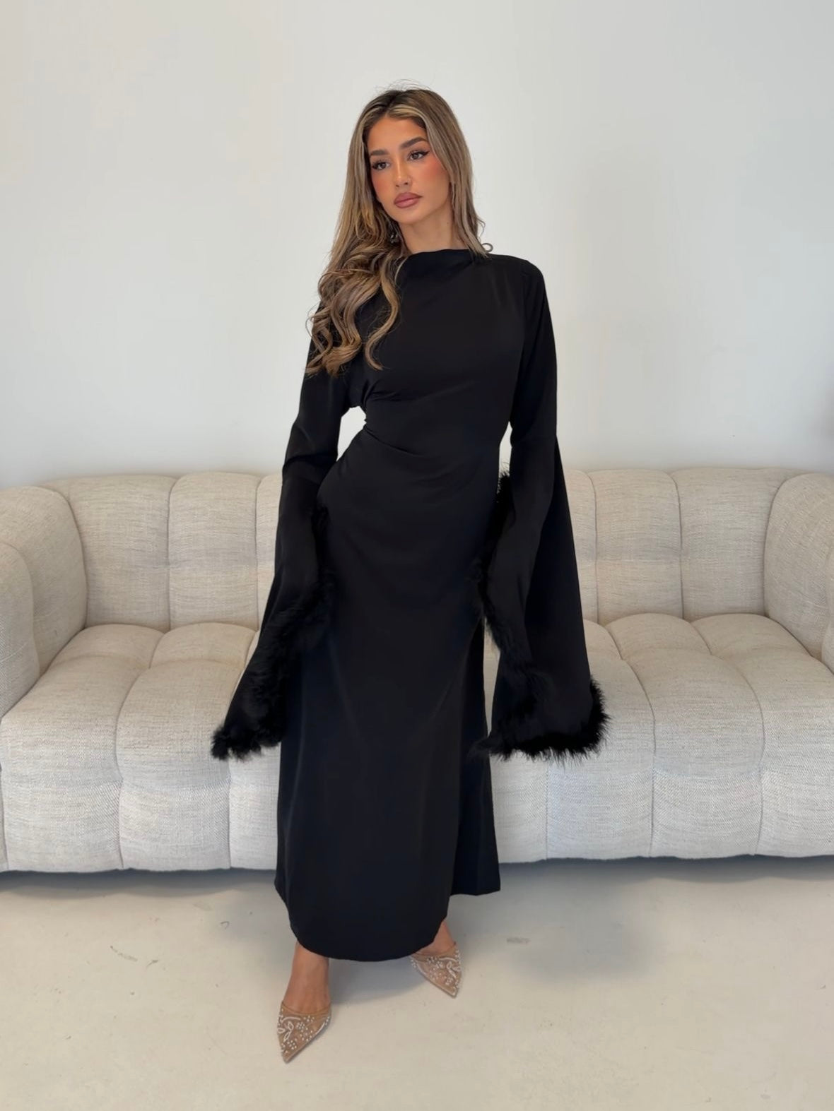 Jurk met veren | Zwart