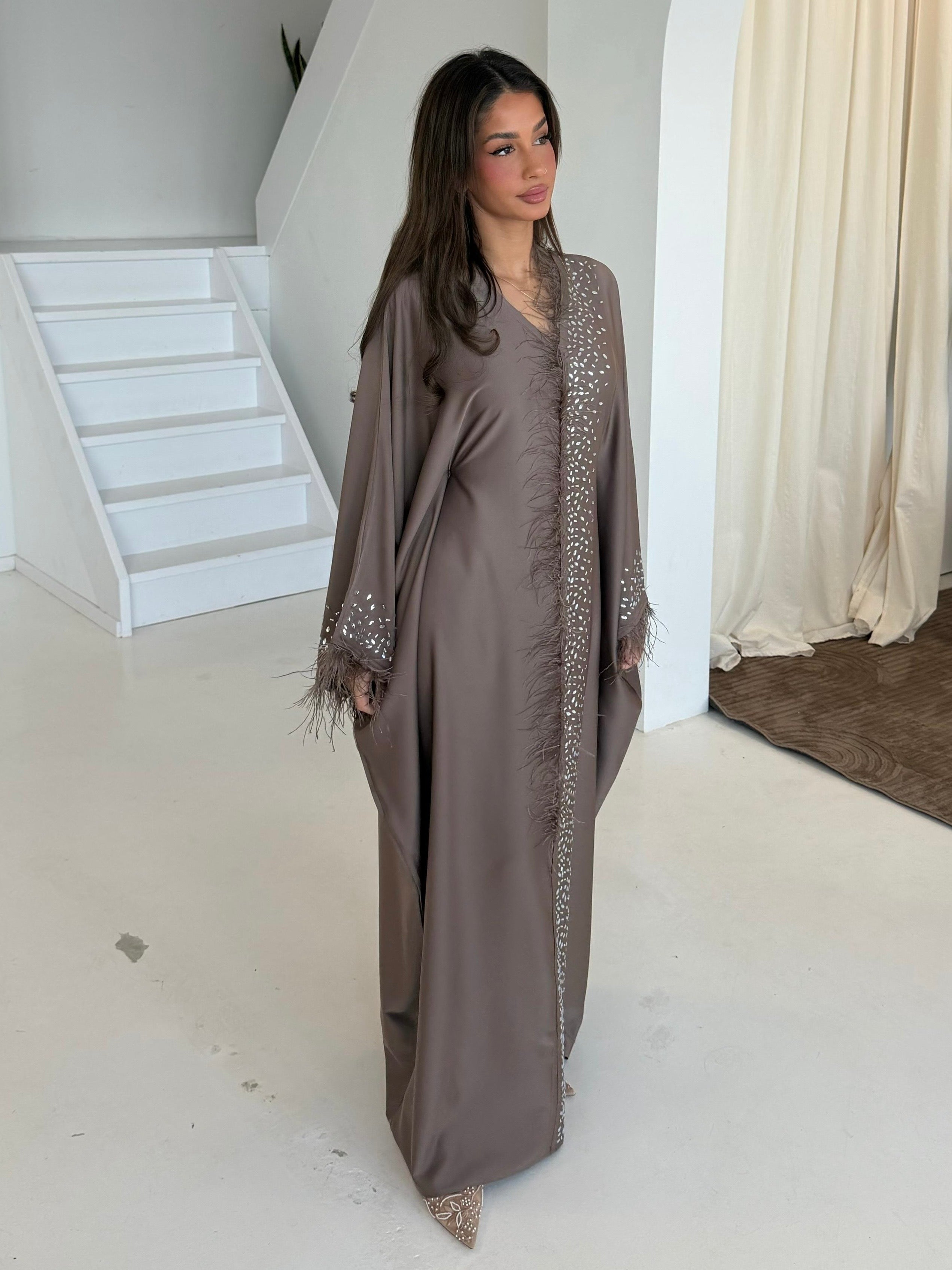 Feather Diamond Abaya | Taupe