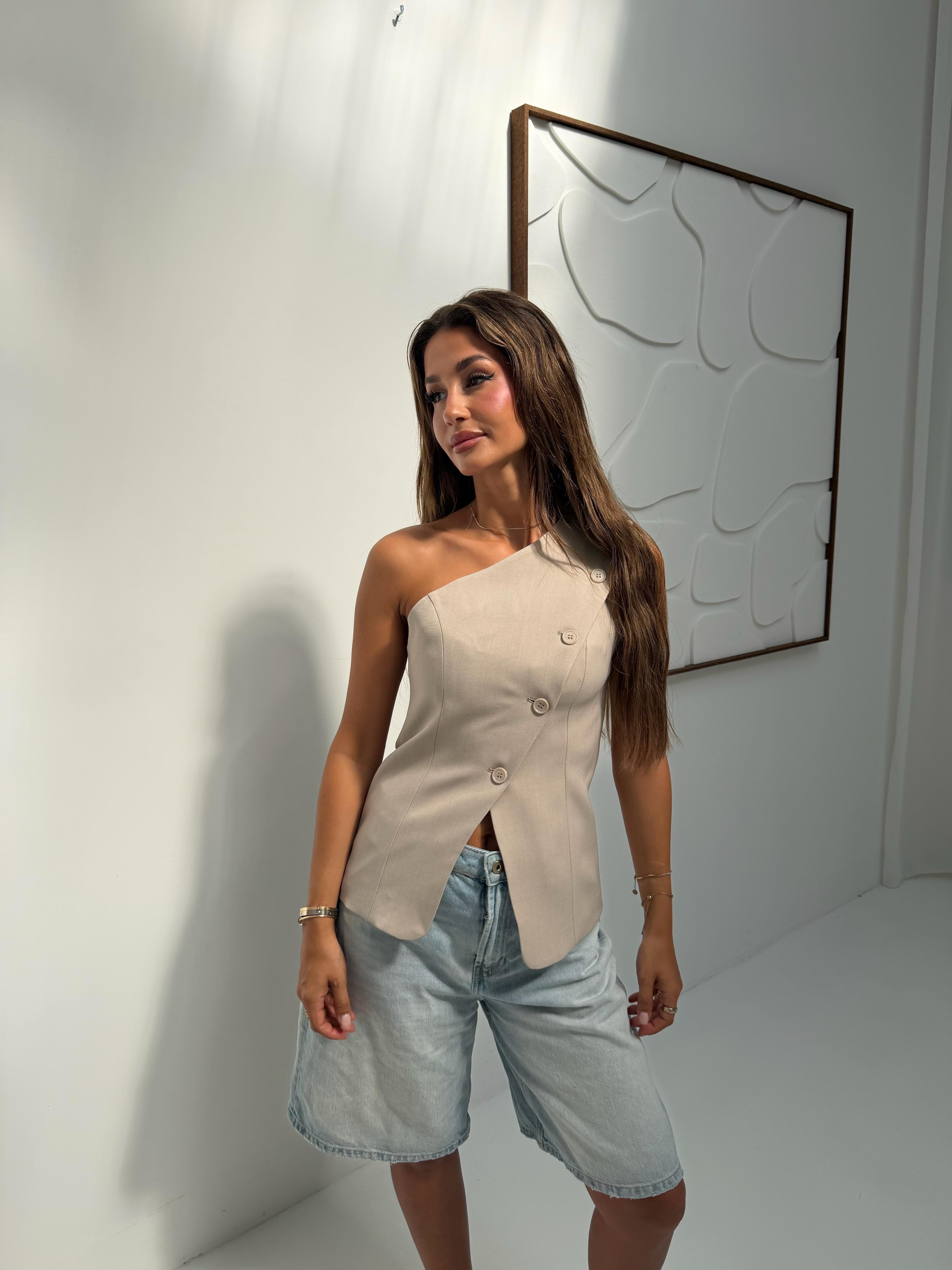 One shoulder top taupe